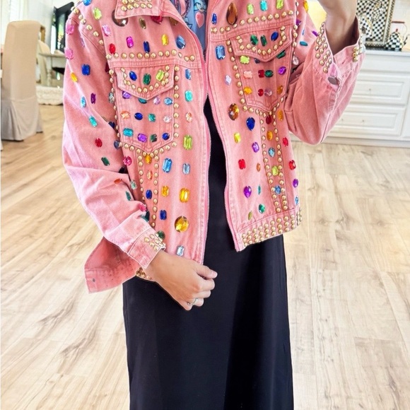Pink Jeweled Mineral-Wash Denim Jacket Embellished Pink Jacket - Picture 3 of 4